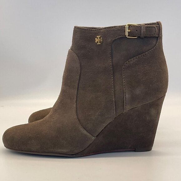 TORY BURCH Leather Milan Wedge Bootie Belted Gold Logo Size 7.5 - Picture 9 of 13